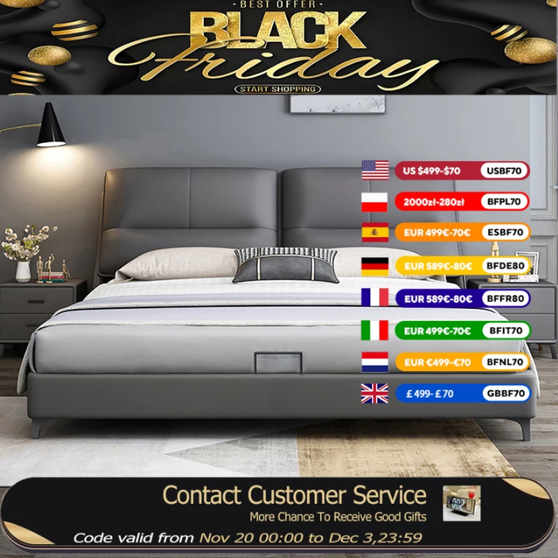 

European Style Luxury Double Bed Wood Elegant Italian Bedroom Queen Bed Storage Comferter Leather Cama De Casal Home Furniture