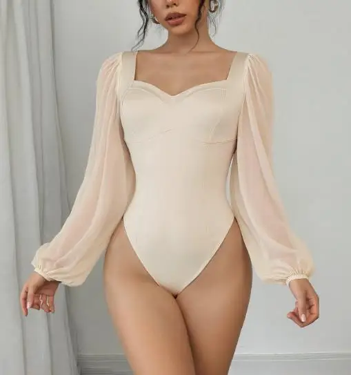 

Женский комбинезон 2022, осенний новый сексуальный элегантный комбинезон в стиле ретро, облегающий однотонный сетчатый комбинезон с длинными рукавами и квадратным вырезом