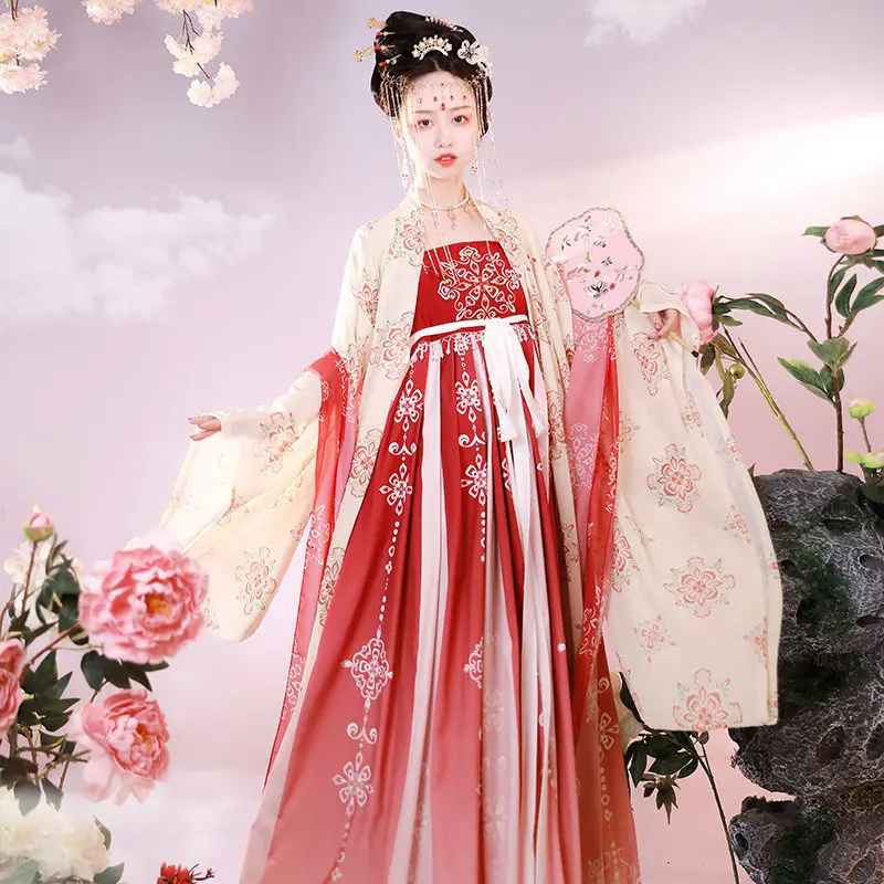 

Оригинальный женский комплект Hanfu [Традиционный цветочный язык] рубашка с большими рукавами в стиле Тан, комплект Hanfu для восстановления вышивки