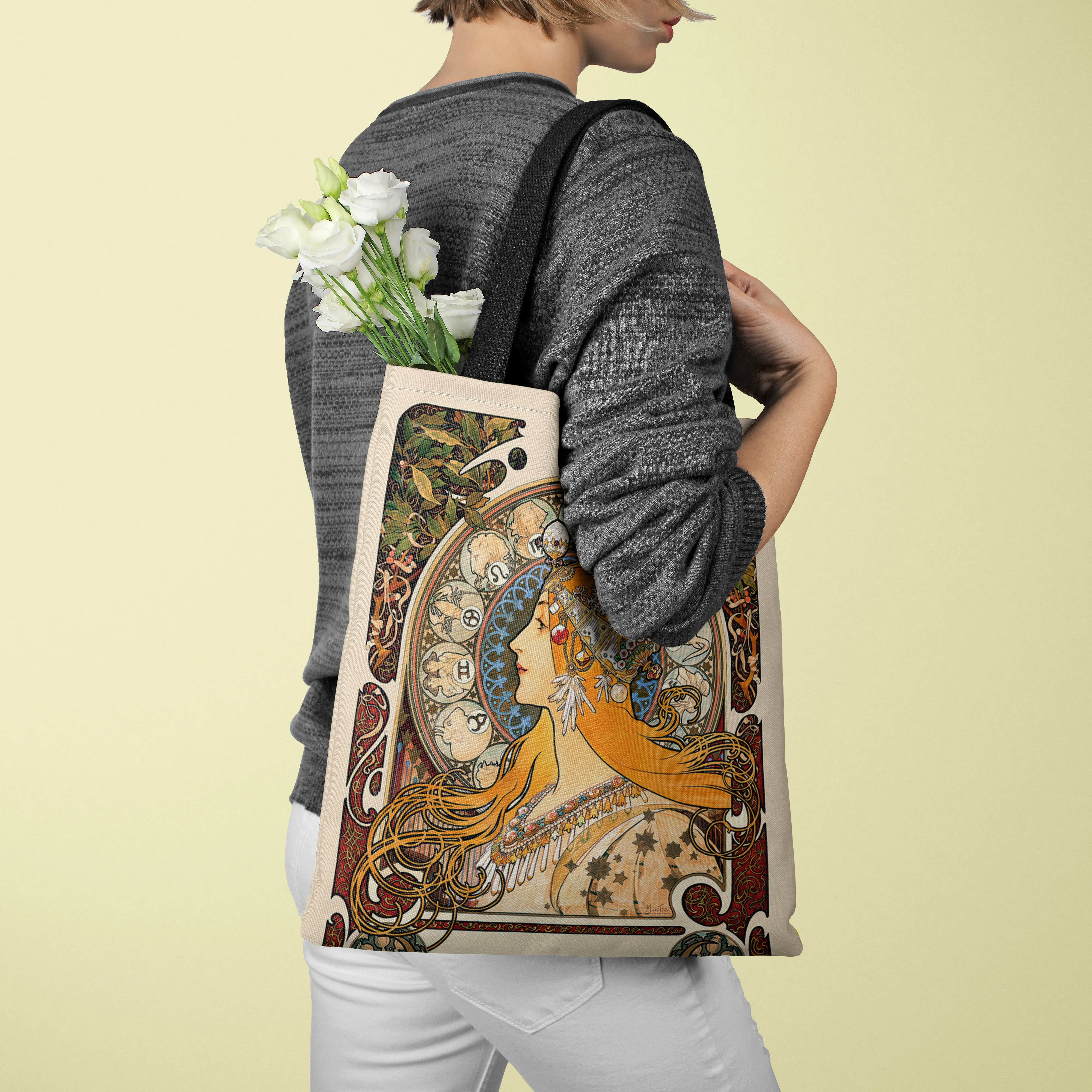 Mucha Series Digital Printed Canvas Bag Open Tote Bag Handbag Retro Canvas Shopping Bag