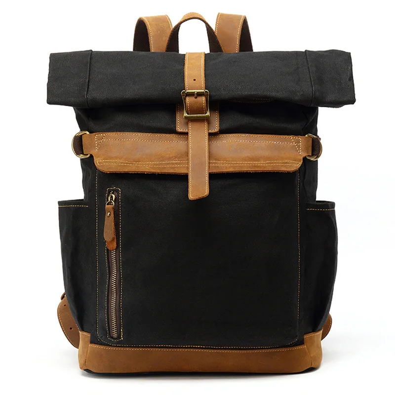 Retro canvas and leather color-blocking backpack with large capacity drawstring, simple commuting and travel computer backpack