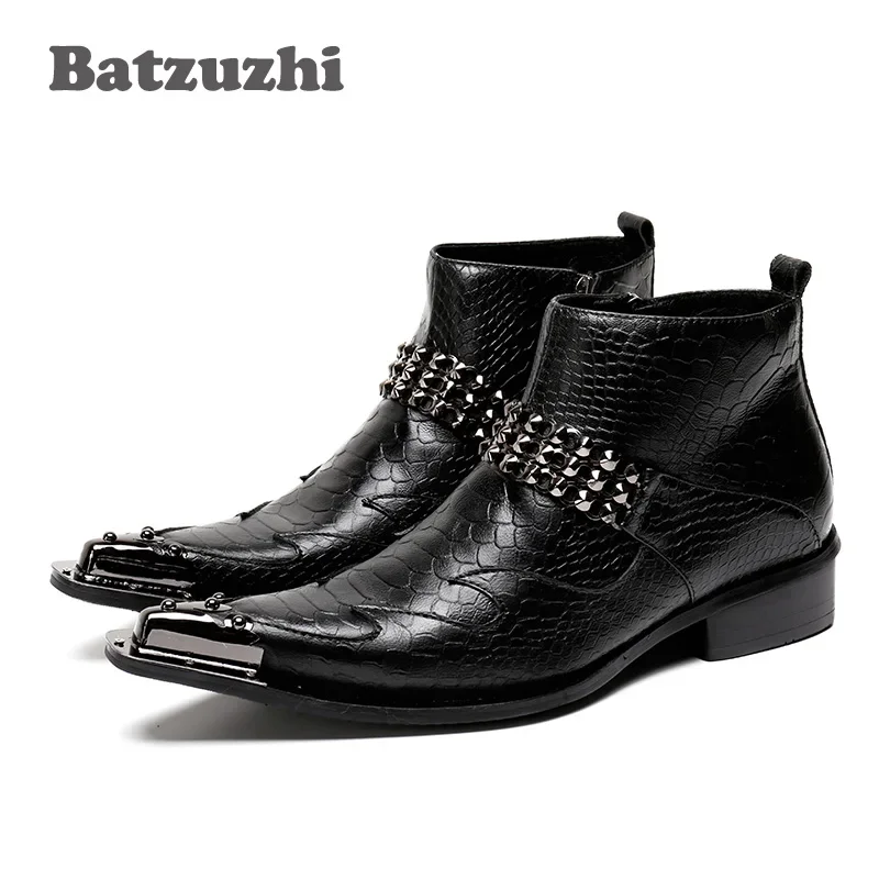 

Batzuzhi Fashion Male Boots Golden Personality Pointed Iron Toe Genuine Leather Men Short Boots Stage Nightclub botas hombre