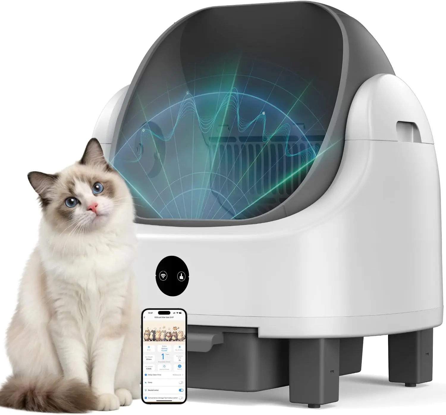 

Серый самоочищающийся кошачий туалет увеличенного размера с мониторингом через приложение, контролем запаха и инфракрасной защитой для нескольких кошек