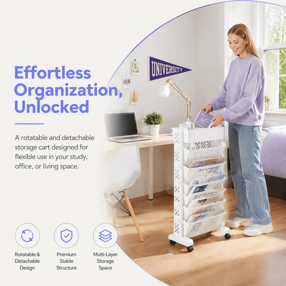 Practical Plastic Rolling Bookshelf White Removable Mobile Bookcase Multifunctional with Wheels Storage Cart Space Saving