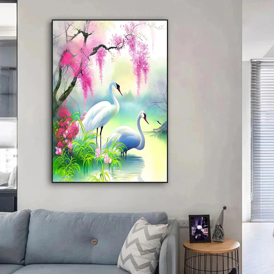2026 New 5D Diamond Painting Red-Crowned Crane Scenery Full Round Mosaic Embroidery Cherry Blossom Moon Wall Art Bird Decor