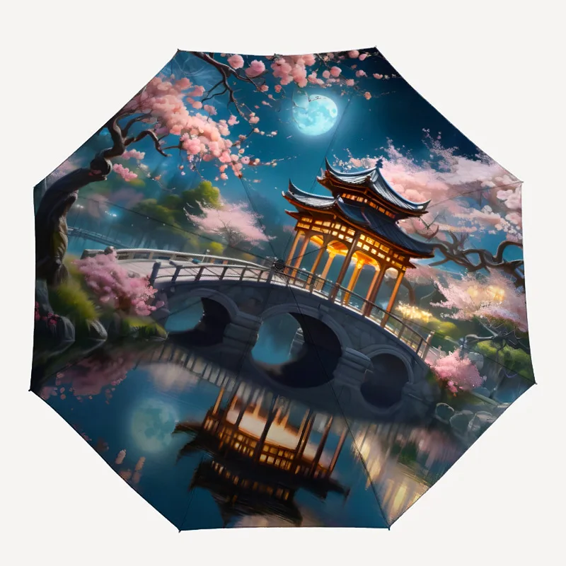 

Japanese Pagoda & Cherry Blossoms Umbrella - Automatic Open/Close, 8-Rib Sturdy Frame, Elegant Floral Design with Pagoda - Com