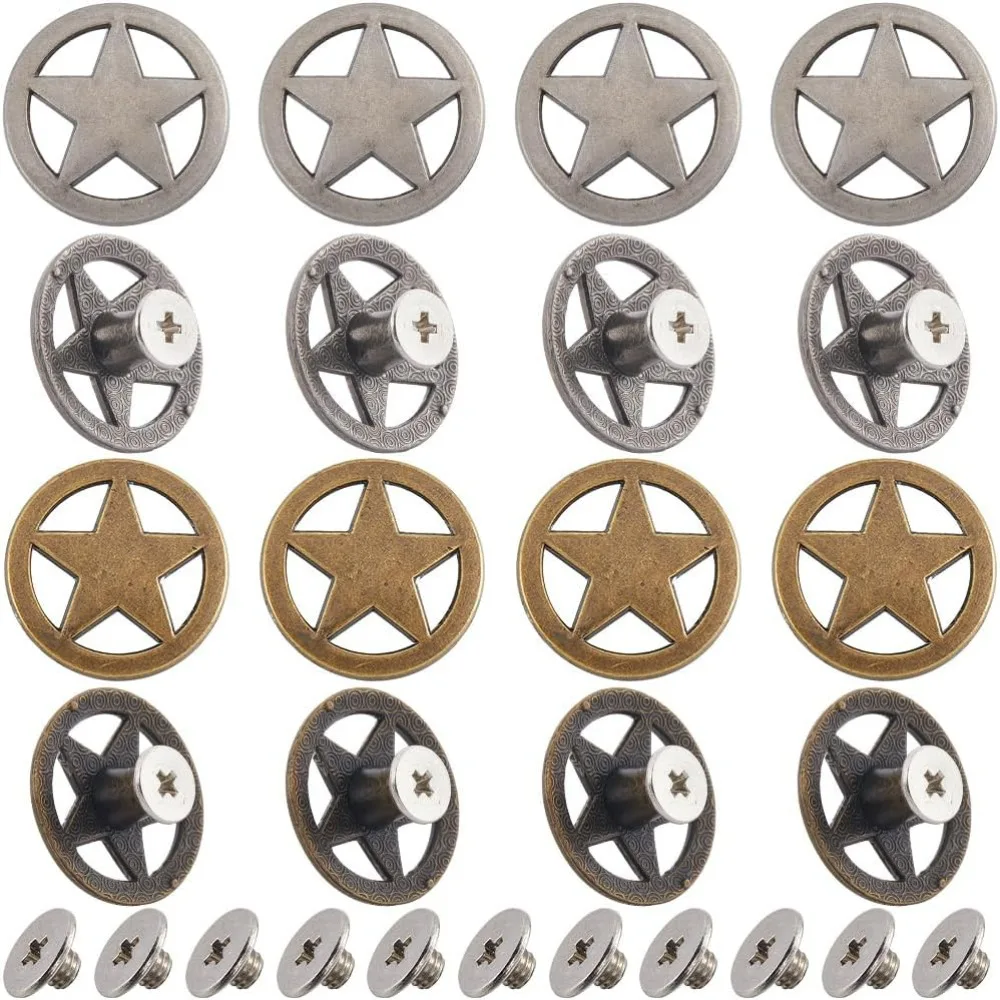 

1 Box 20 Sets 2 Colors Star Decorative Buckles Vintage Concho Screw Back Hollow Out Buttons Replacement Round Metal making kit