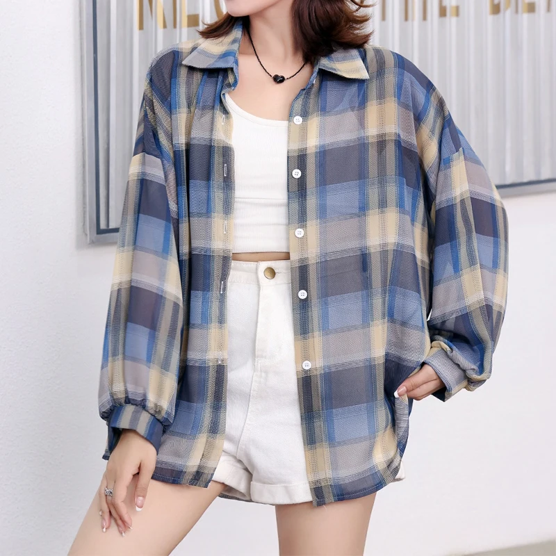 Sheer Plaid Shirt for Women Long Sleeve Collared Button Up Blouse Cover-up Female Lightweight Loose Check Shirts Casual Outfit