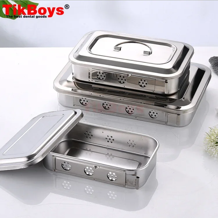 304 Thick Dental Square Plate Stainless Steel Material Sterilization Tray Box with Hole Cover Equipment Surgical Instruments