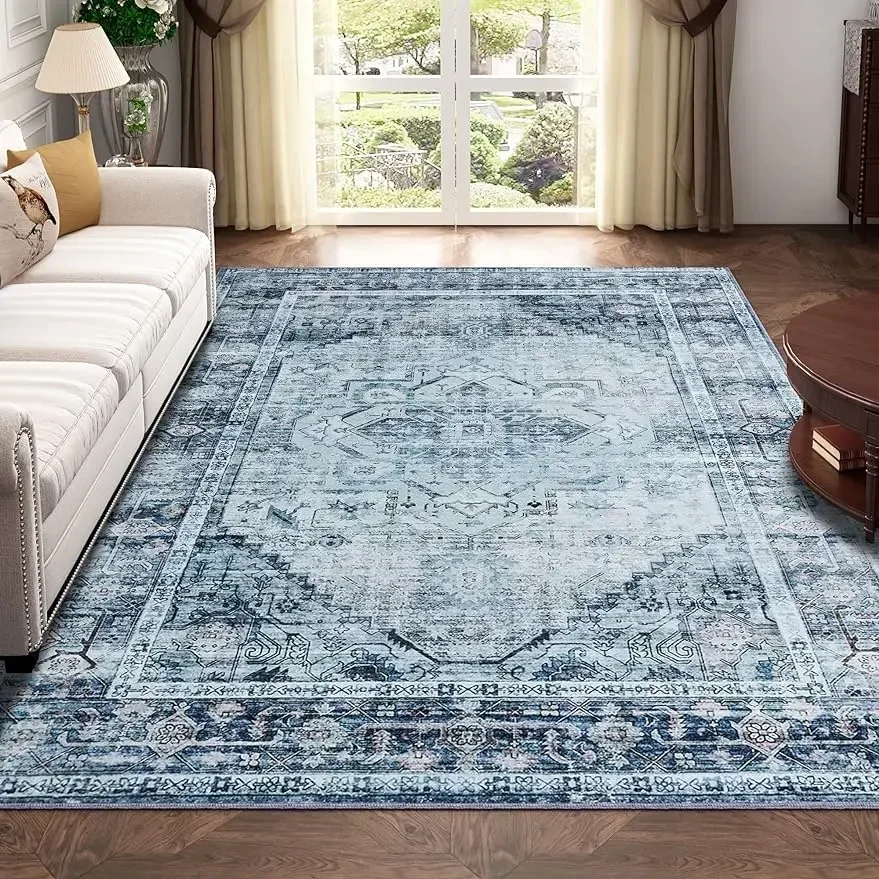 BRICHOEE Large Vintage Washable Rug 9x12 Blue/Multi Low-Pile Indoor Floral Print Carpet Non Slip Printed Persian