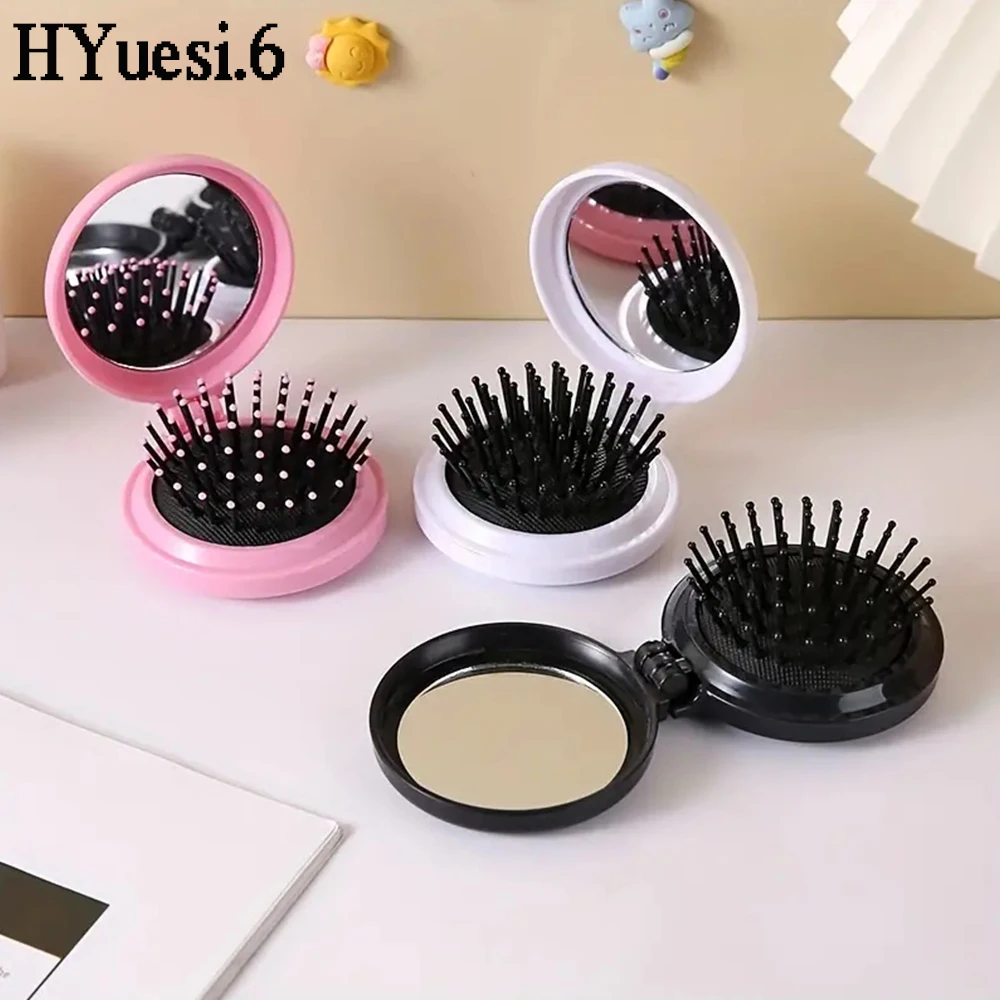 Mini Foldable Round Massage Hair Comb Travel Multifunctional Compact Hair Brush With Mirror For Women Girls Styling Tools