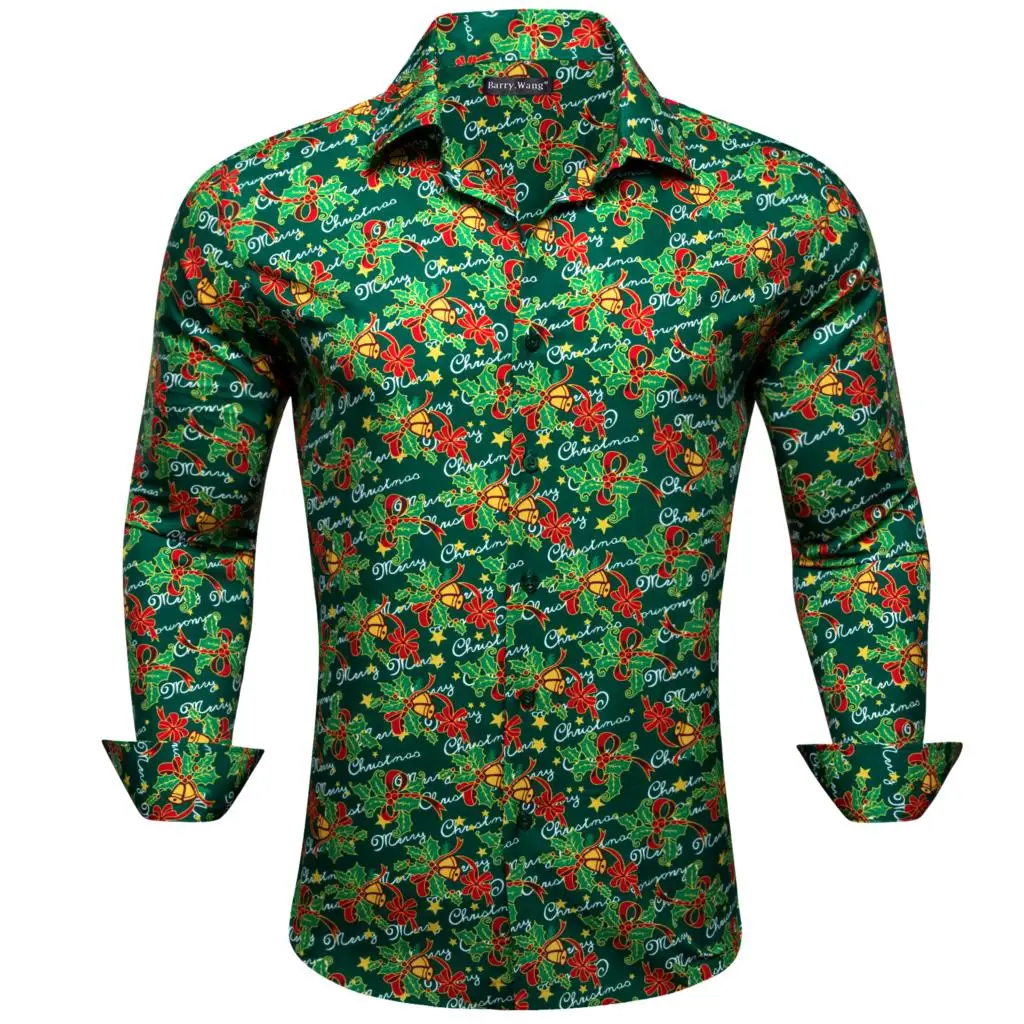 Designer Mens Shirts Silk Long Sleeve White Red Blue Green Christmas Trees Snowflake Jinggling Bell Festival Tops Barry Wang