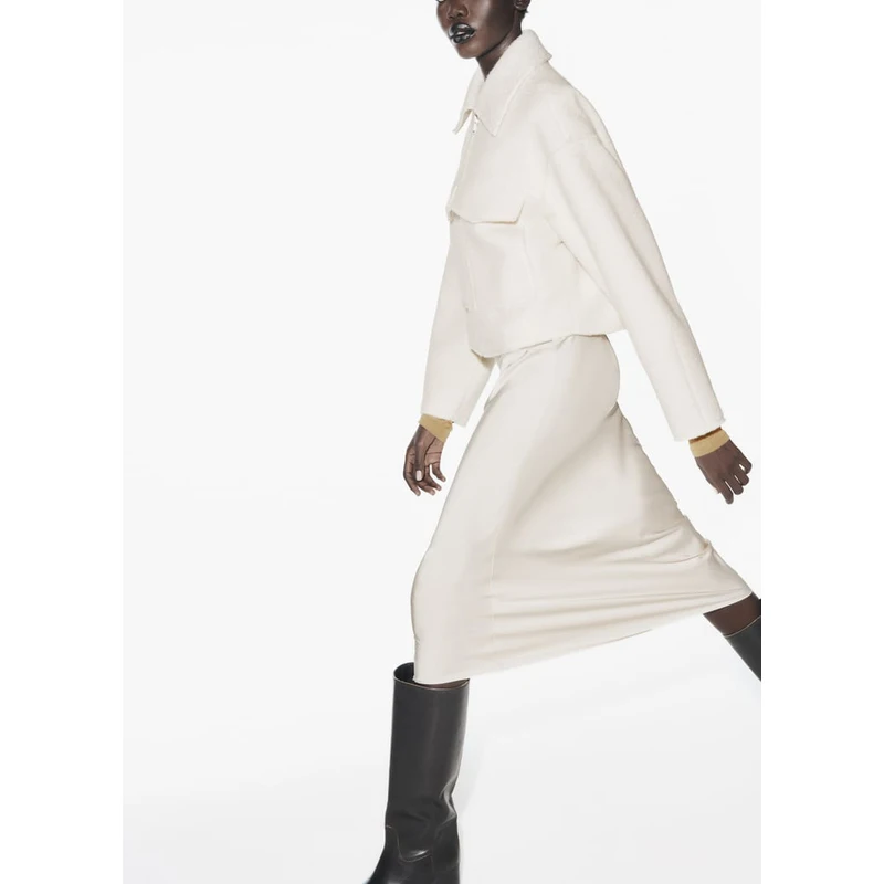 Damska kurtka ze sztucznej skóry w kolorze perłowym, luźny krój, jesień 2025, odzież wierzchnia do pracy, marka Sle Z, regularny krój, długi zamek błyskawiczny.