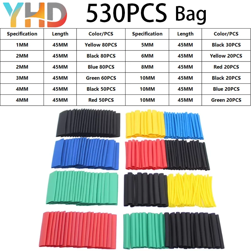 127/164/328/530PCS Heat Shrink Tubing Kit,Electrical Insulation Wire Wrap Cable Sleeve,Eco Friendly Waterproof Assortment Wiring