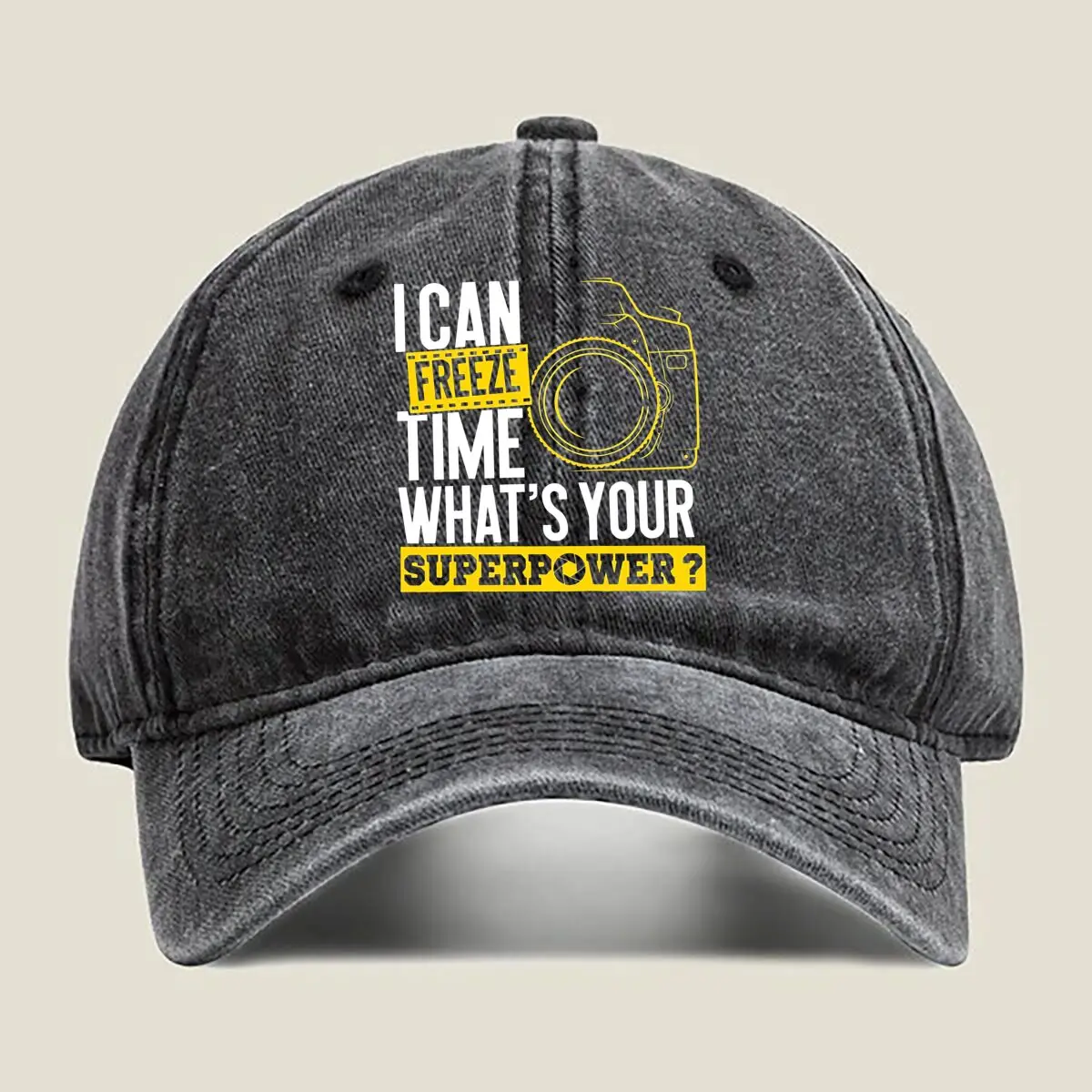 

“Freeze Time Fun, Superpower Text Art” Washed Baseball Cap