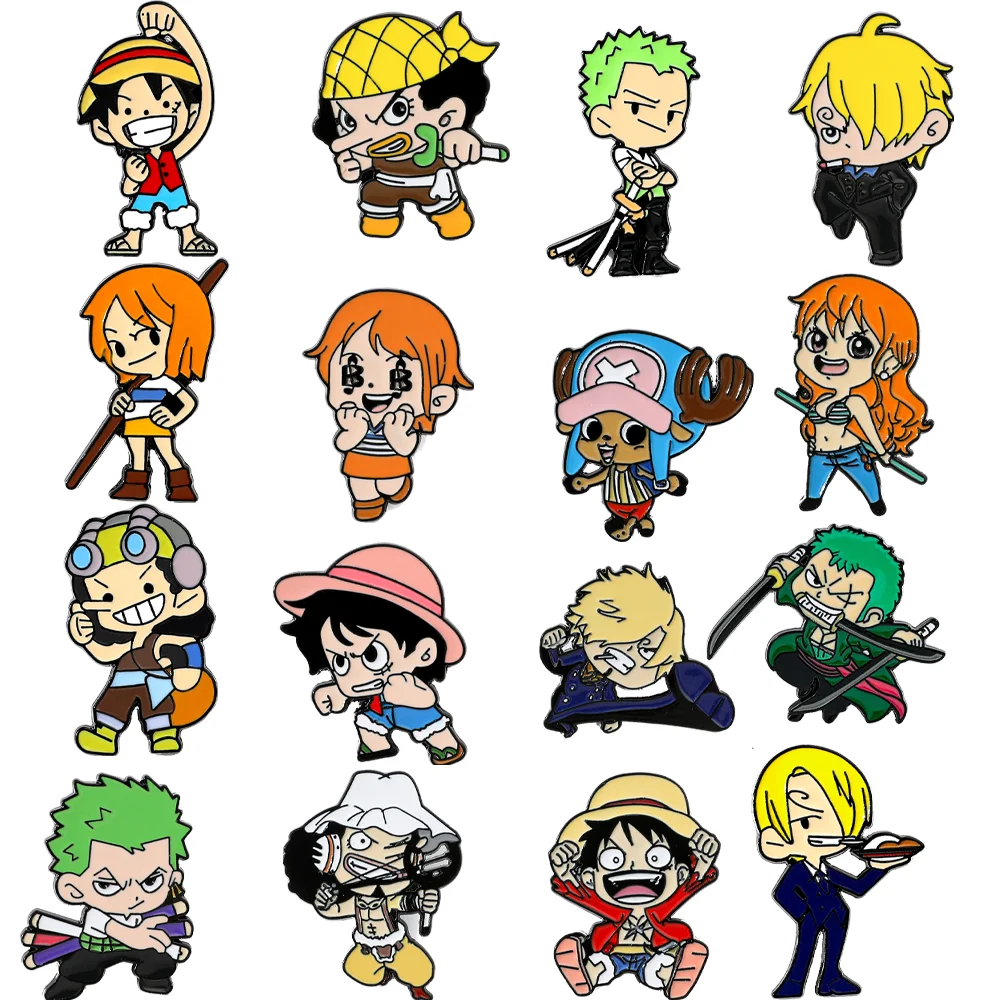 16 Pcs ONE PIECE Cartoon Brooch Cute Character Luffy Zoro Usopp Sanji Chopper Enamel Pins Badge Clothes Jewelry Accessories Gift