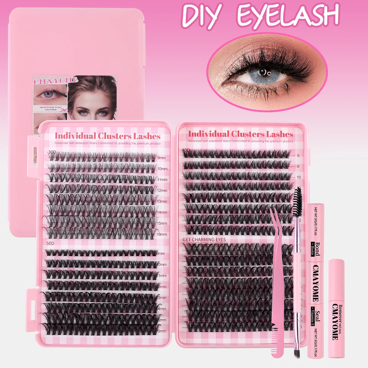 640束クラスタまつげエクステキット Dカール ふわふわ 厚みのあるミックス長さ 9-16mm つけまつげ グルー、ピンセット、ブラシ、シーラント付き