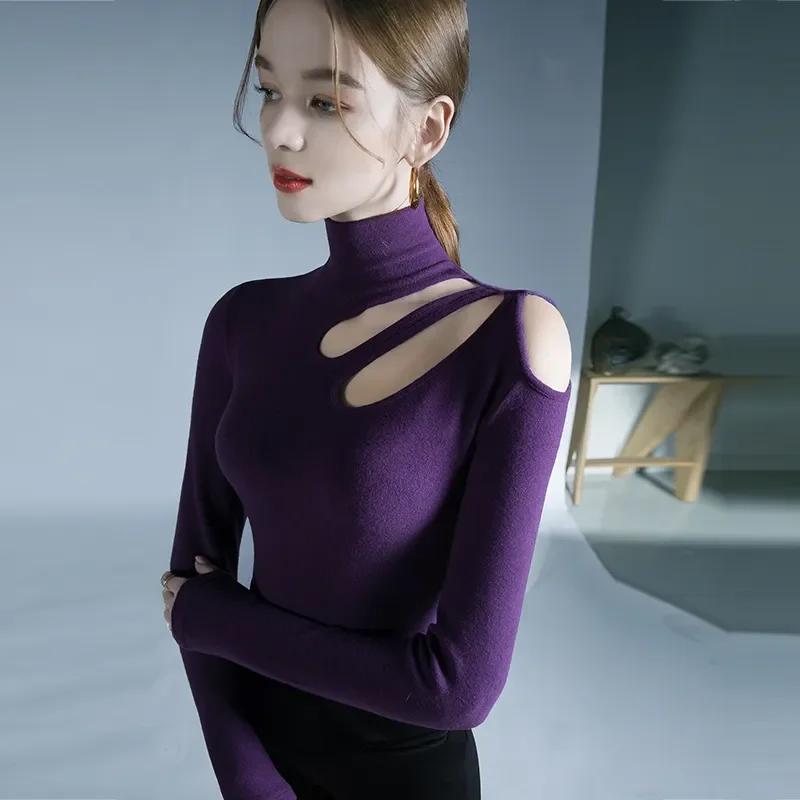 

Western Style Niche Design Hollow Bottoming Shirt New Winter High Collar Sexy Shirt Slim Solid Color Top