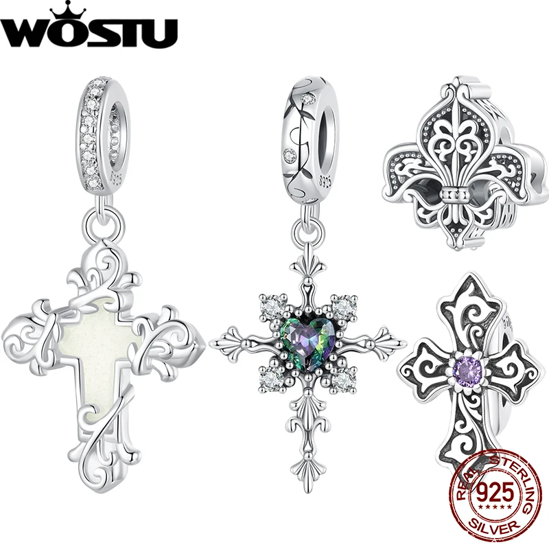 WOSTU 925 Sterling Silver Heart-shaped Glass Cross Pendant Vintage Iris Silicone Beads Fit Original Bracelet DIY Jewelry Making