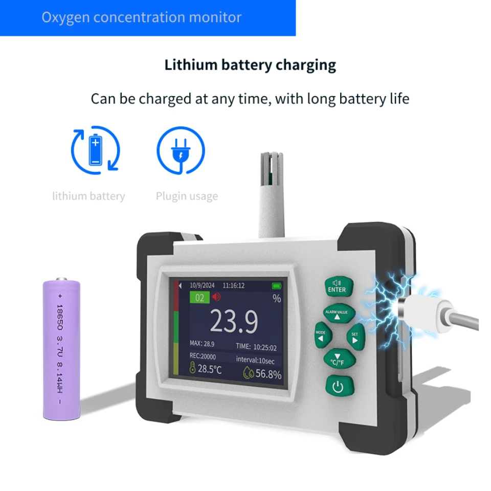 Oxygen concentration monitor portable air quality analyzer Temperature and humidity recorder Real time data tracking Store data - Image 2