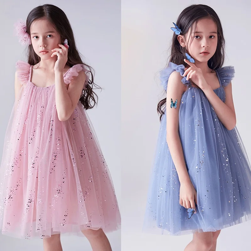 Meninas vestido casual para crianças elegante azul lantejoulas vestidos de princesa festa de aniversário de casamento vestido de baile crianças roupas wear