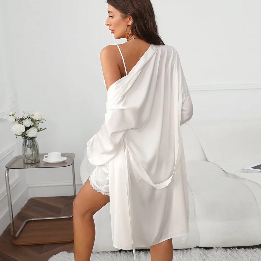 White Sexy Women Suspender Nightgown Sleepwear Lace Trim Wedding 2PCS Robe Set Spring Summer Satin Home Dressing Gown Bathrobe