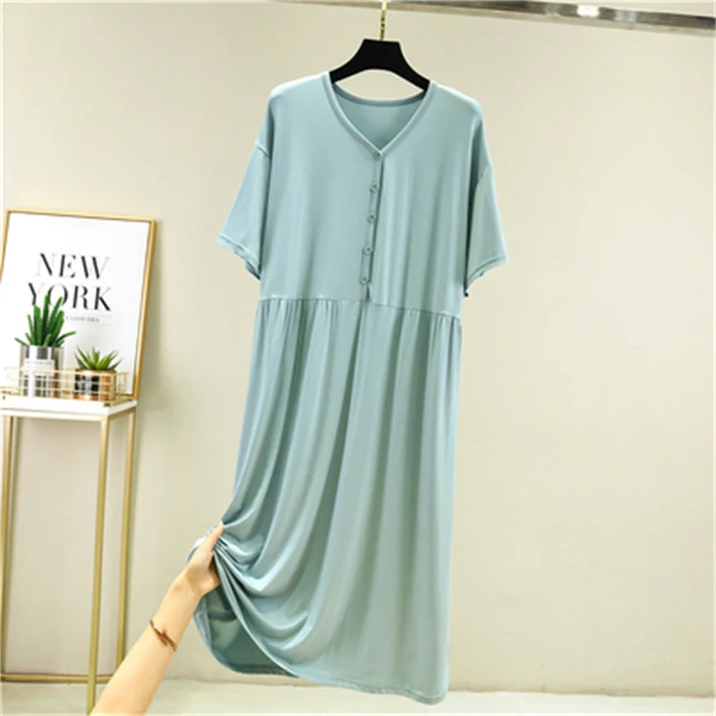 2023 New Summer Short Sleeve Dress Women\'s Clothing Large Size Loose Button V-Neck Home Casual Cotton Shirt Dress jp272