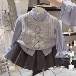 Autumn Winter Warm Floral Knit Vest Sweater +Shirts+Pleated Short Skirt 3Pcs Suits Set Kids Jackets Princess Children Outfits