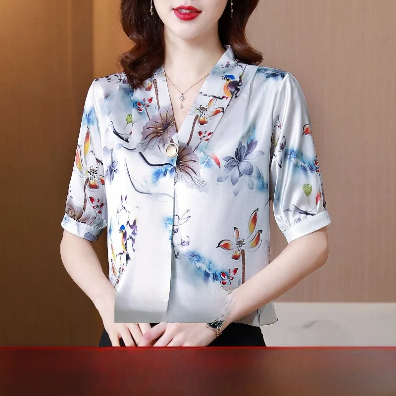 

Silk Printed T-irt Women's ort Sve Summer High-End Feelings Guangzhou Thirteenth Fac Ladies Faion irt