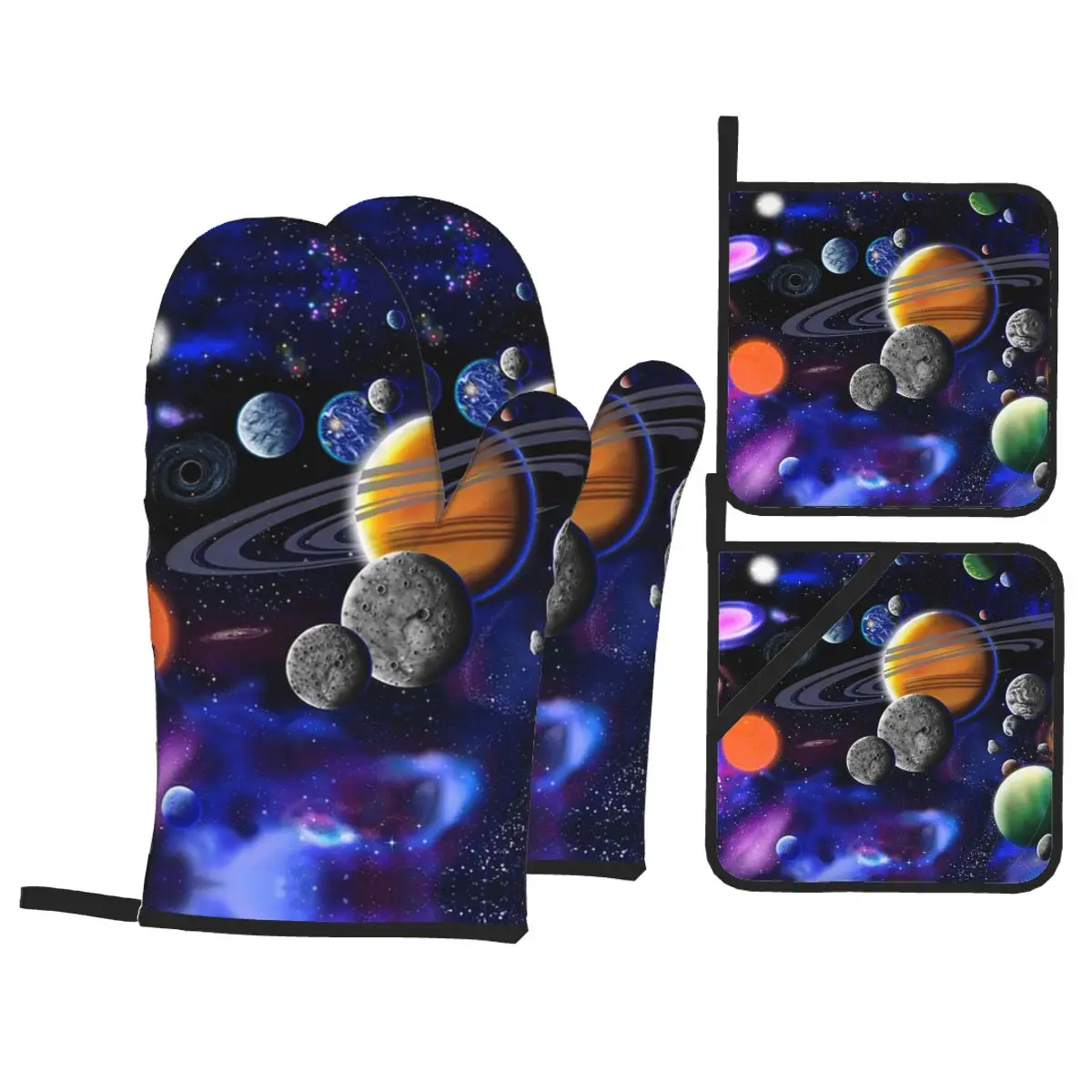 Solar System Space Planets Universe Oven Mitts and Pot Holder Sets of 4 for Baking Kitchen Cooking Resistant Non-Slip Gloves