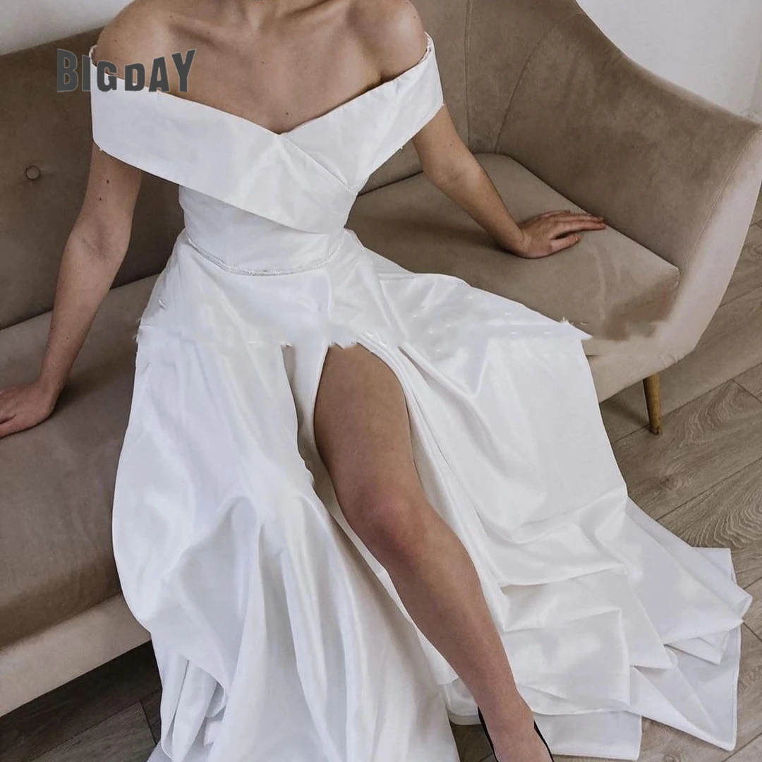 Simple Wedding Dress For Woman Strapless A-Line Satin Side Slit Off The Shoulder Bride Gown Train Vestidos De Novia Customized