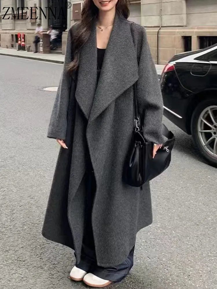 

ZMEENNA женское длинное шерстяное пальто с большим воротником-водопадом и открытым передом, теплая зимняя верхняя одежда свободного покроя, стиль ZM4395