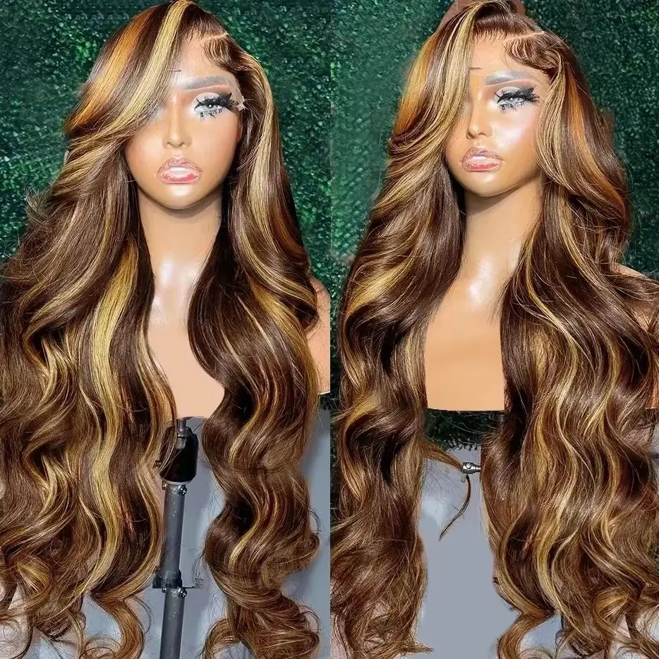 

Highlight Ombre Blonde Wig Long Body Wave Lace Frontal Wig Honey Blonde Synthetic High Quality Glueless Pre Plucked For Wemon