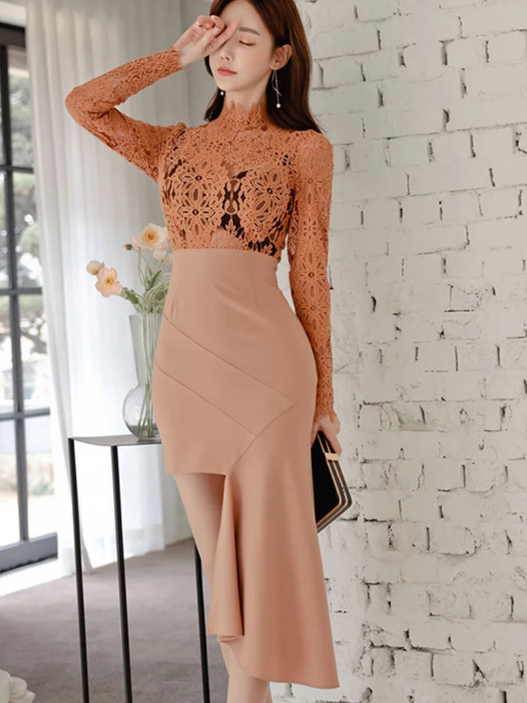 New Spring Autumn Elegant Women Evening Dress Mujer Chic Lace Sheer Sexy Long Sleeve Slim Midi Party Club Gown Vestidos Fiesta