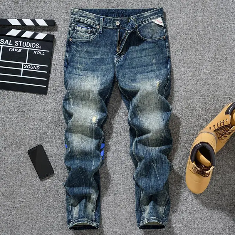 Vaqueros de estilo coreano a la moda para hombre, tubo recto pequeño ajustado, estilo retro vintage, pantalones vaqueros lavados fluidos