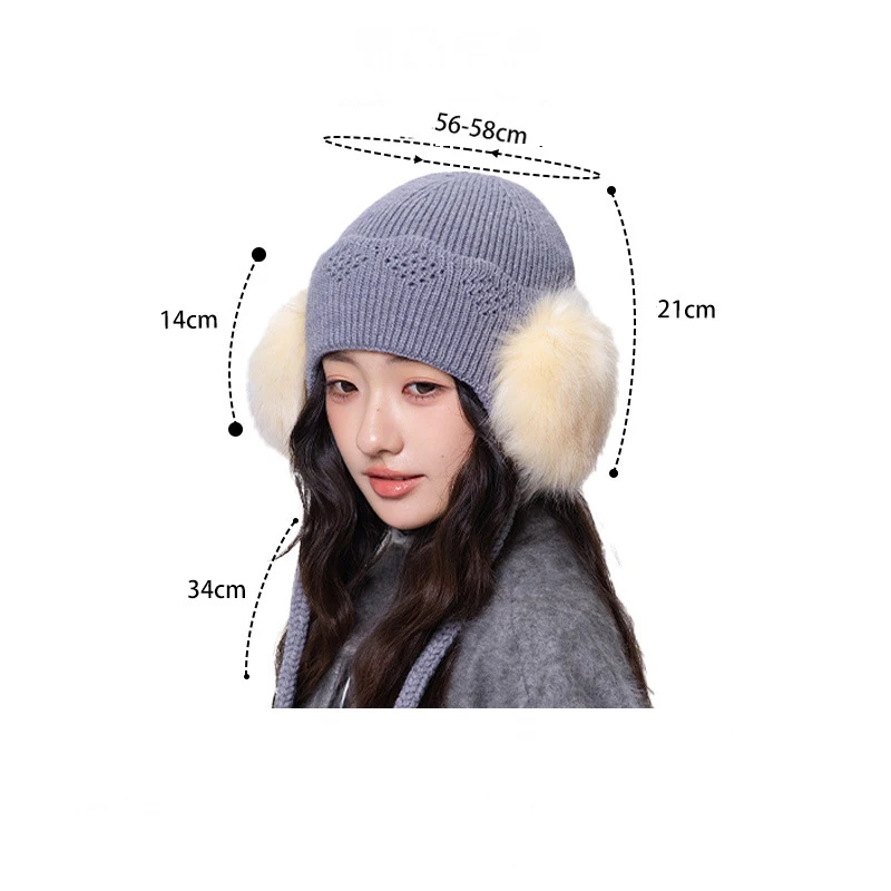 Women Autumn Winter Korean Style Knit Beanie Hat Soft Plush Earflaps Drawstring Hat Loose Warm Cold‑Proof Lady Casual Knitted