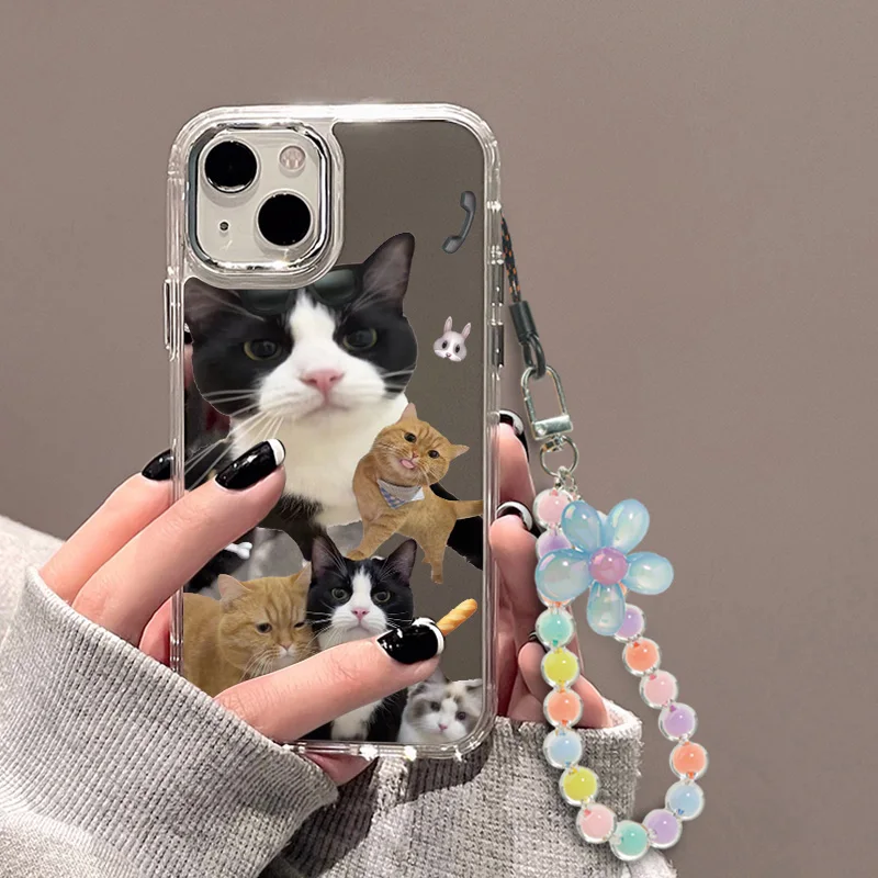 Cute Cat Colorful Lanyard Beaded Bracelet Phone Cases For iPhone 16 Pro Max Case iPhone 15 14 11 12 13 Pro Makeup Mirror Cover