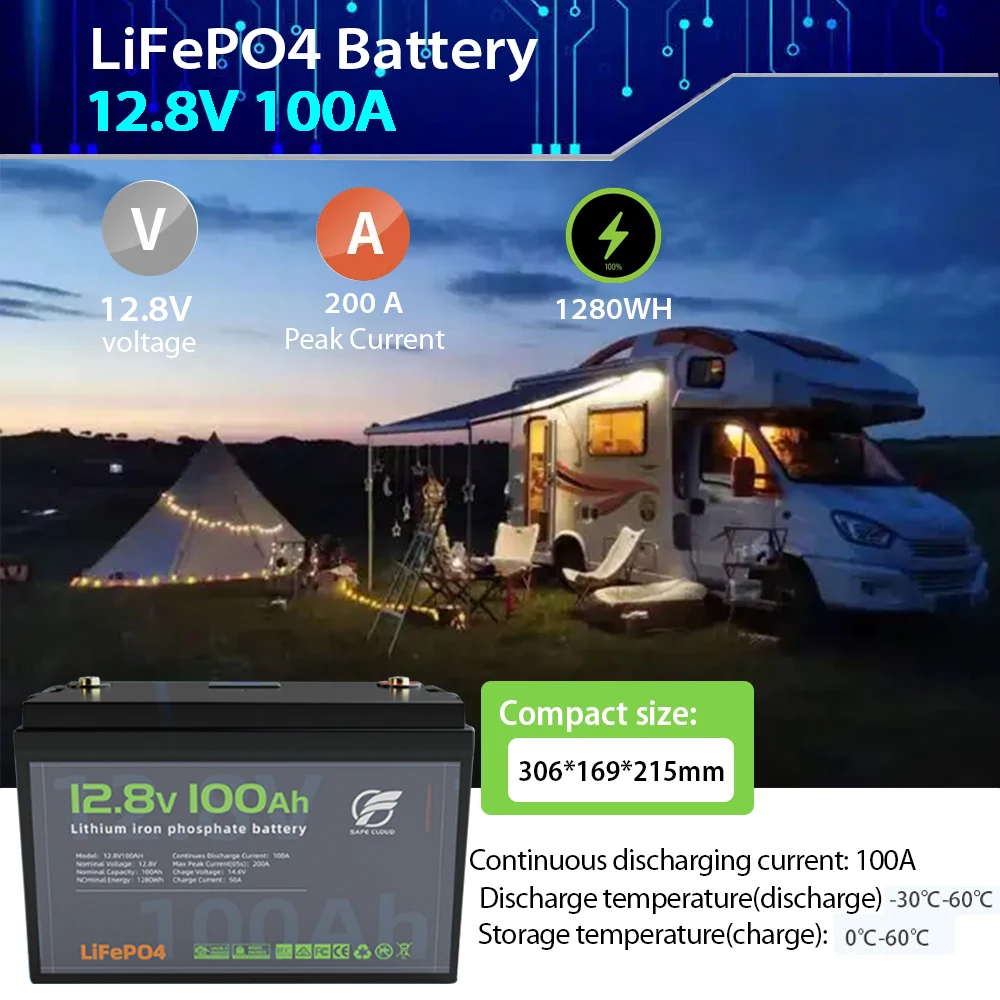 

LiFePO4 Lithium Battery Car Battery Charger 12V 100Ah fully automatic BMS LCD Display for RV Golf Cart Camping Off-grid Solar