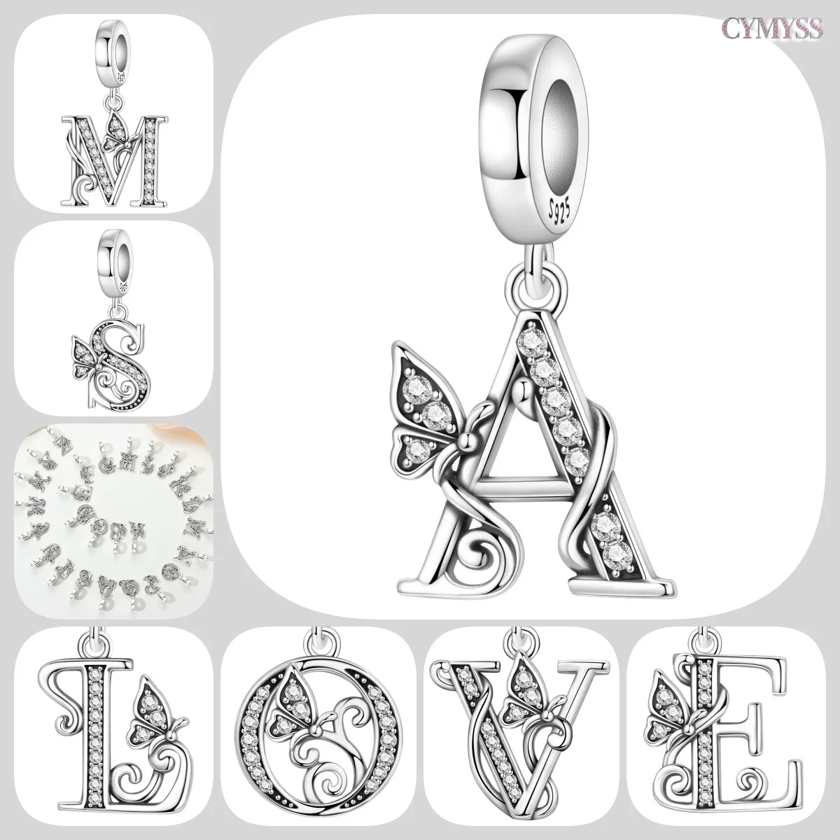 Original 925 Sterling Silver CZ Zircon Butterfly A-Z 26 Letter Charms Alphabet Beads Pendant Fit Bracelet Necklace DIY Jewelry
