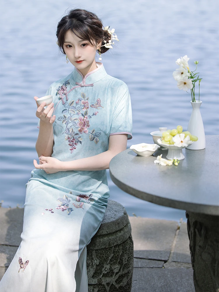 

Водолазное платье-ципао с вышивкой, с разрезом, подчеркивающее талию, традиционное китайское женское платье в пол