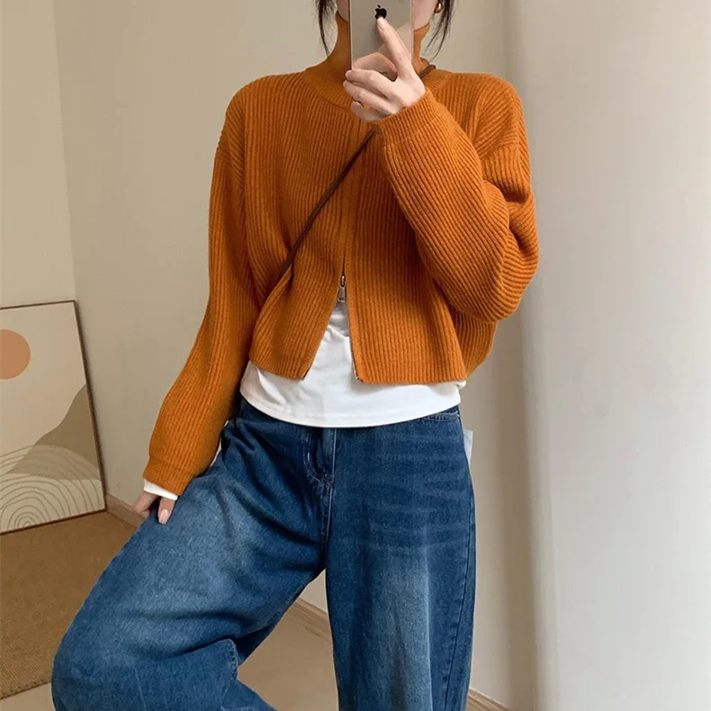 Short Double-zip Stand-up Collar Women Sweater Knitting Cardigan for Women Autumn Winter Solid Sweater Casual Chic Women Coats