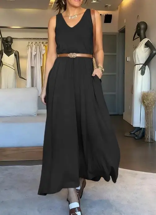 

2026 Summer New Fashion Elegant Sexy V-Neck Sleeveless A Line Casual Dress Casual Two-Way Wear Loose Fit Maxi Dress