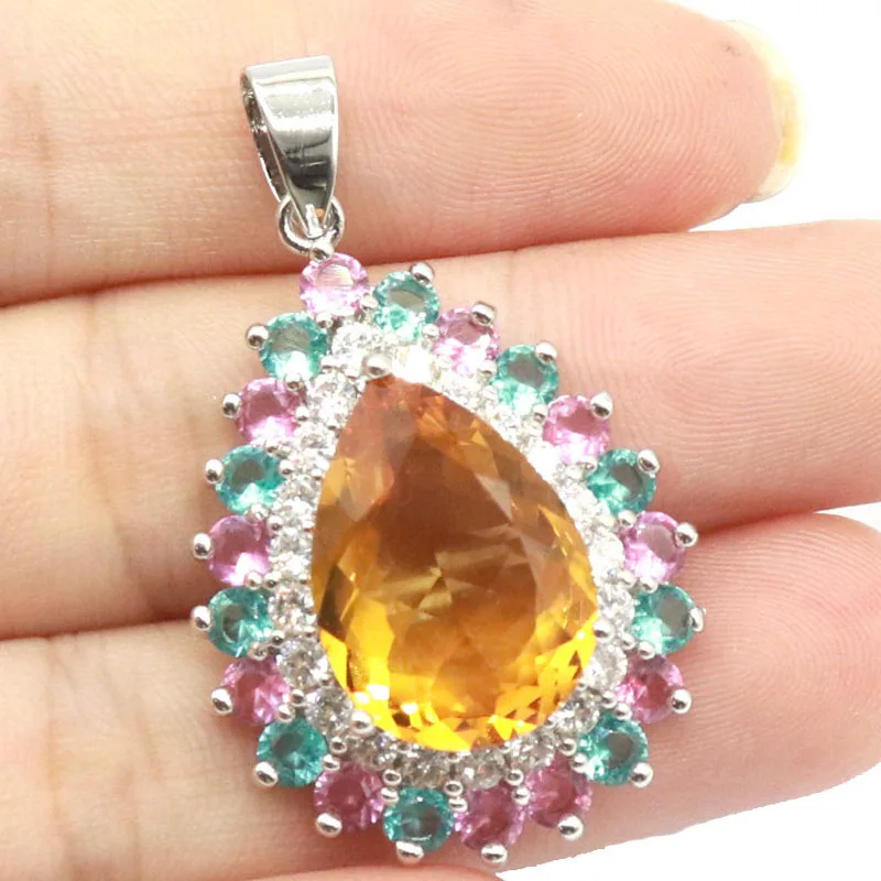 

41x25mm Multi Color Golden Citrine Tourmaline Aquamarine Pink Kunzite CZ Engagement Silver Pendant