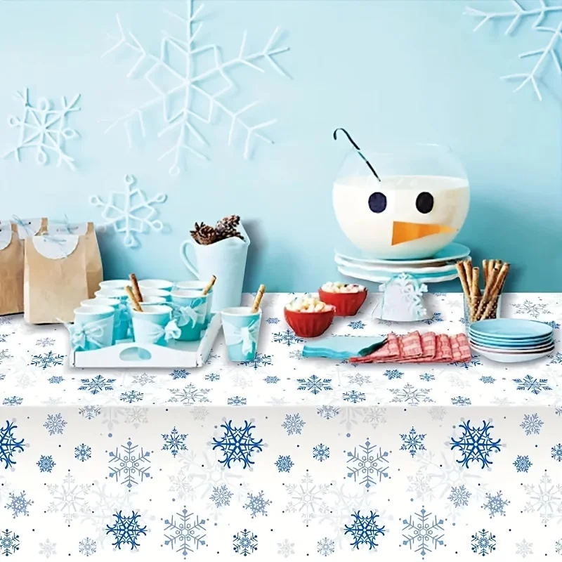 Christmas Snowflake Disposable Tablecloth, 137×274cm/54×108inch Blue White Snowflake Rectangle Table Cover for Winter Holiday Pa