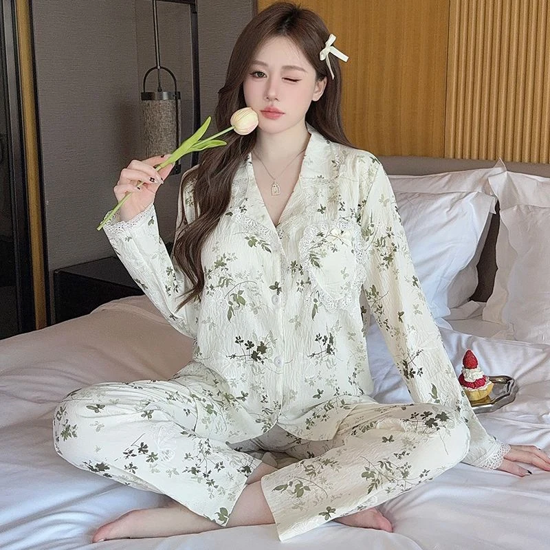

Осенние милые кружевные хлопковые пижамные комплекты с длинными рукавами и принтом для женщин, корейская одежда для сна, домашняя одежда, Pijama Mujer, домашняя одежда