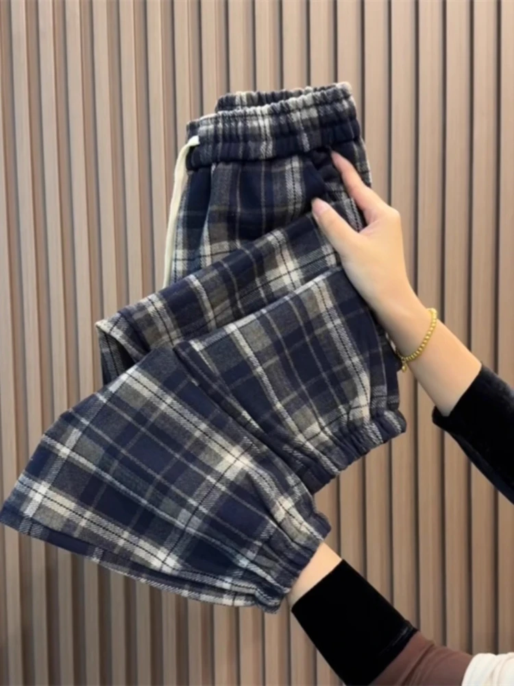Women Plaid Slacks Winter Fashion Y2k Fleece-Lined Thicken Loose High Waist Pants 2025 New Korean Drawstring Slim Haren Trousers