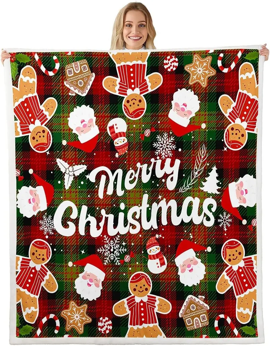 

Рождественское одеяло из шерпы, плюшевое пушистое флисовое одеяло Санта-Клауса для мальчиков и девочек, снеговик для кровати, дивана, кресла, пряники