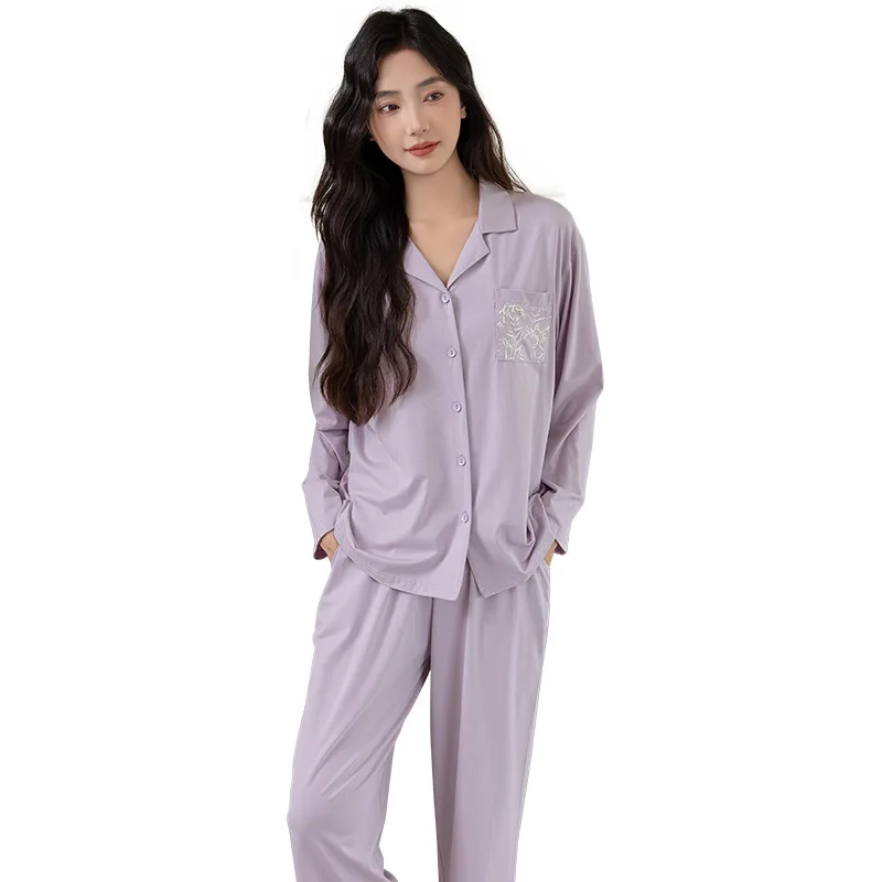 Autumn New Women's Sleepwear Modal Cotton Collar Long Sleeved Pants Home Suit Set Simple And Loose Female Nightwear Thin Style