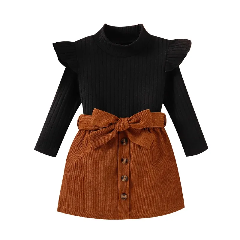 

Children's autumn set for girls, featuring a high-neck knit corduroy A-line skirt, two-piece outfit for small children