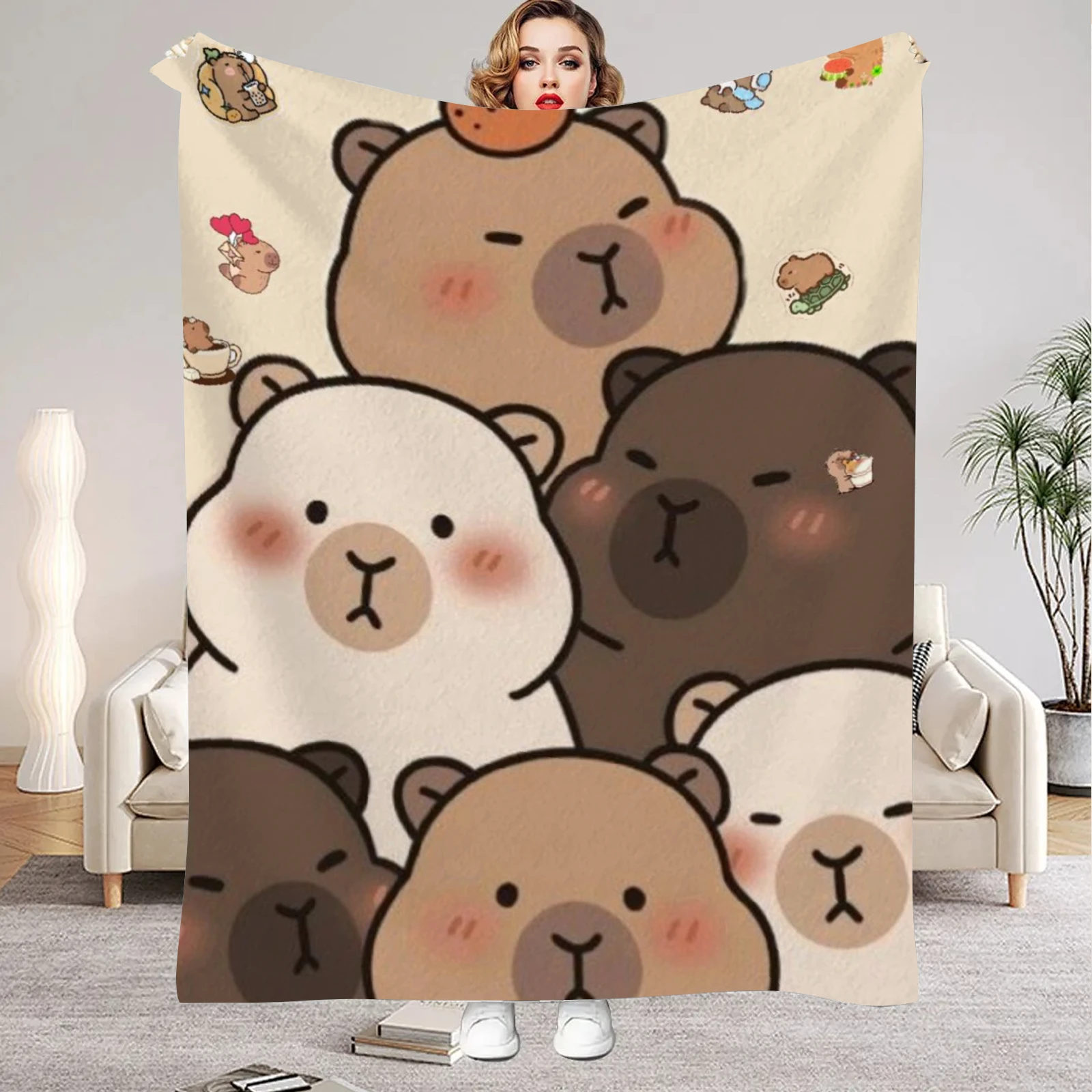 1Pc Digital Printed Capybara Style Flannel Blanket Mattress Cover Blanket for Family Beds,Sofas,Offices,Outdoor Camping